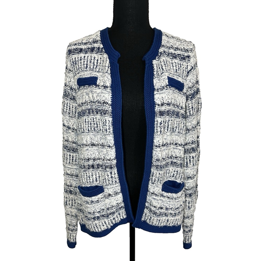 J. McLaughlin Women LARGE Blue White Metallic Textured Preppy Cardigan Sweater